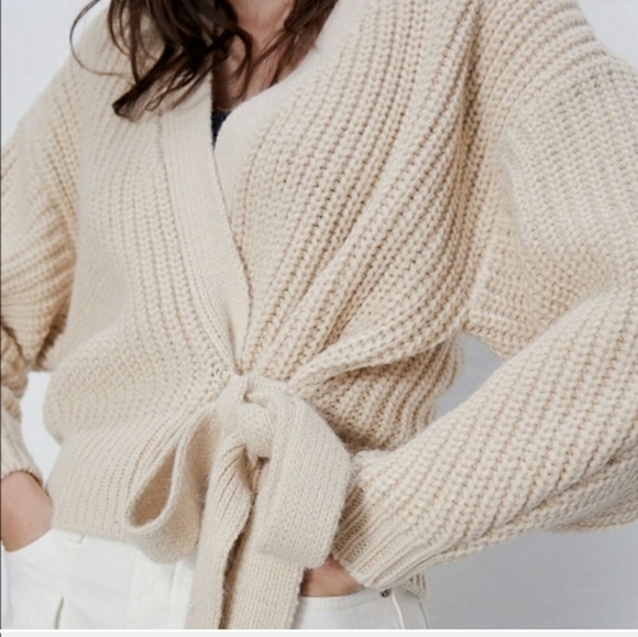 Zara Women Cropped Belted Cardigan Sweater Light Beige - Picture 9 of 14